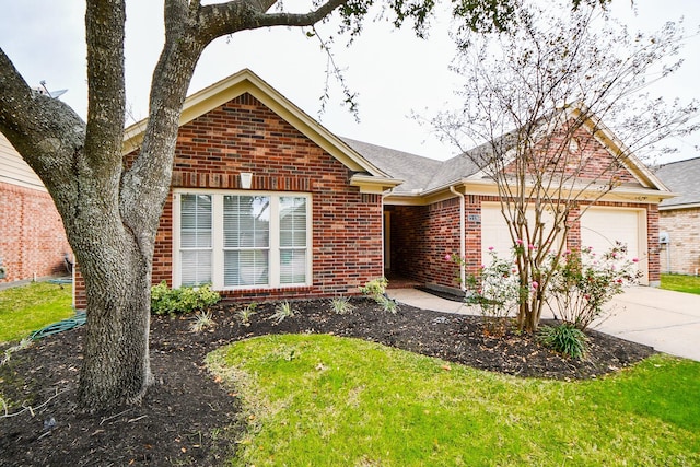 21126 N Yellow Bud Ct, Cypress, TX 77433 - ranch-style house featuring brick siding, a garage, concrete driveway, a front lawn, and a shingled roof