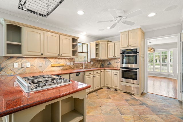 1907 Round Lake Dr, Houston, TX 77077 - kitchen with open shelves, stainless steel appliances, a warming drawer, cream cabinetry, and crown molding
