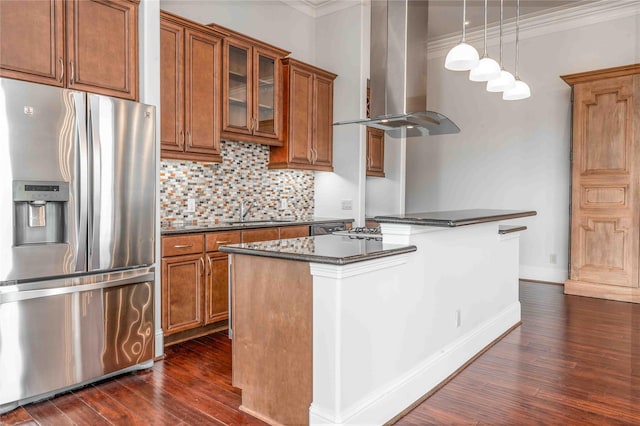 2510 Travis St Unit 301, Houston, TX 77006 - kitchen featuring stainless steel fridge with ice dispenser, range hood, brown cabinetry, ornamental molding, and dark wood-style floors