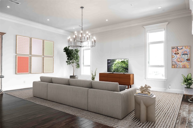 2510 Travis St Unit 301, Houston, TX 77006 - living room with a chandelier, dark wood-style floors, plenty of natural light, crown molding, and recessed lighting
