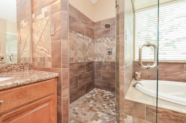 17619 Rustling Aspen Ln, Houston, TX 77095 - full bath featuring a bath, vanity, a tile shower, and plenty of natural light