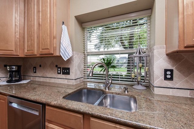 17619 Rustling Aspen Ln, Houston, TX 77095 - kitchen with stainless steel dishwasher, tasteful backsplash, light stone countertops, and light brown cabinets