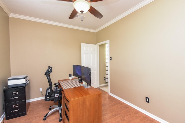 17619 Rustling Aspen Ln, Houston, TX 77095 - home office with ceiling fan, crown molding, and light wood finished floors