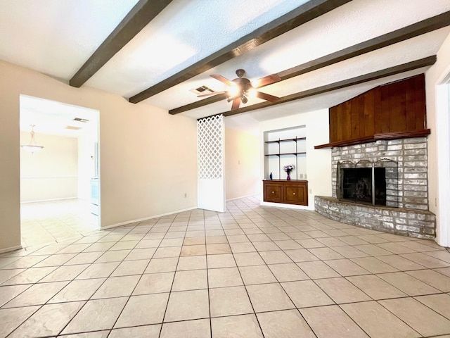 13011 Harwin Dr, Houston, TX 77072 - unfurnished living room featuring beamed ceiling, a ceiling fan, a brick fireplace, and light tile patterned floors