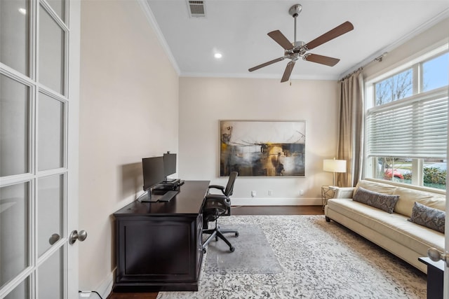 1746 Du Barry Ln, Houston, TX 77018 - office with plenty of natural light, ornamental molding, wood finished floors, a ceiling fan, and baseboards