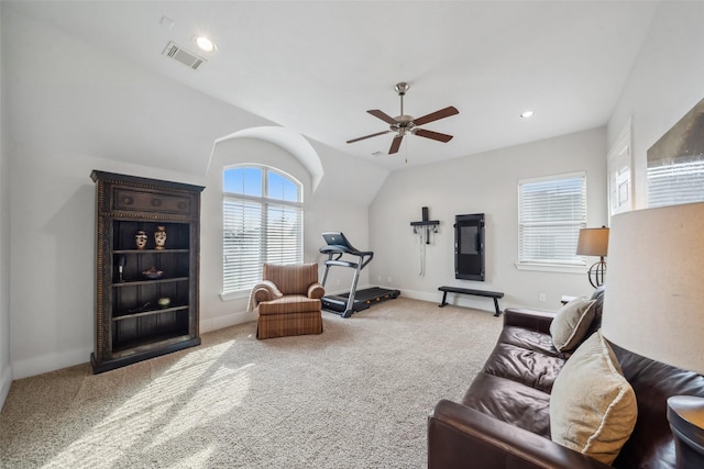 1746 Du Barry Ln, Houston, TX 77018 - living room with ceiling fan, carpet, baseboards, and vaulted ceiling