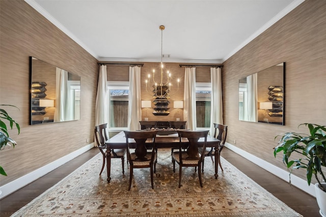 1746 Du Barry Ln, Houston, TX 77018 - dining space featuring baseboards, a chandelier, crown molding, and dark wood-style floors