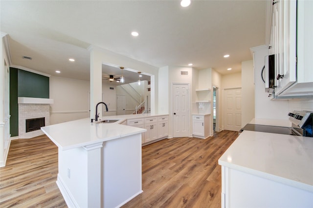 16727 Camber Ct, Crosby, TX 77532 - kitchen featuring a sink, stove, ceiling fan, light wood-style flooring, and a fireplace