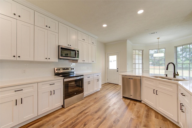 16727 Camber Ct, Crosby, TX 77532 - kitchen featuring appliances with stainless steel finishes, a sink, ornamental molding, recessed lighting, and light wood-style floors