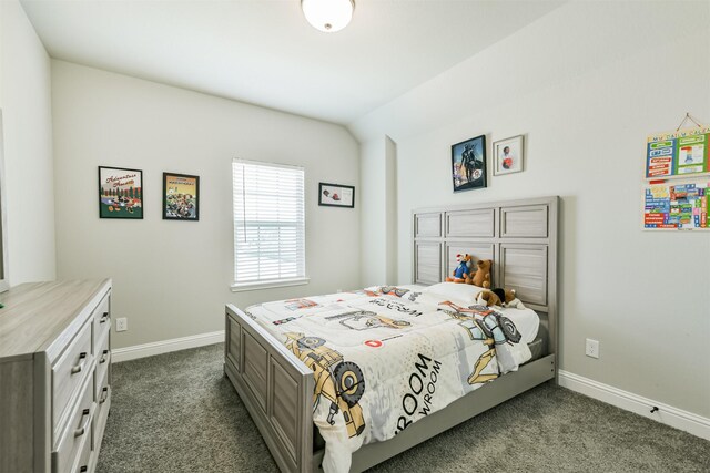 19303 Belmont Stakes Way, Tomball, TX 77377 - bedroom with dark carpet, baseboards, and vaulted ceiling