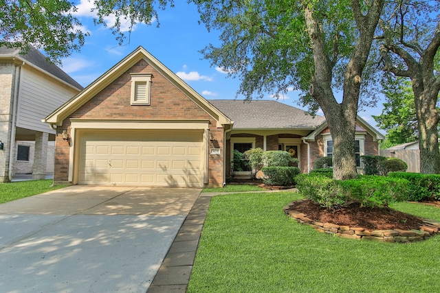 9515 Willow Crossing Dr, Houston, TX 77064 - view of front facade featuring brick siding, an attached garage, concrete driveway, a front yard, and roof with shingles