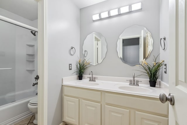 9515 Willow Crossing Dr, Houston, TX 77064 - bathroom with double vanity, toilet, bathing tub / shower combination, and tile patterned flooring