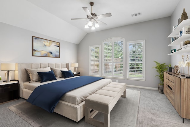 9515 Willow Crossing Dr, Houston, TX 77064 - bedroom featuring light colored carpet, baseboards, a ceiling fan, and vaulted ceiling