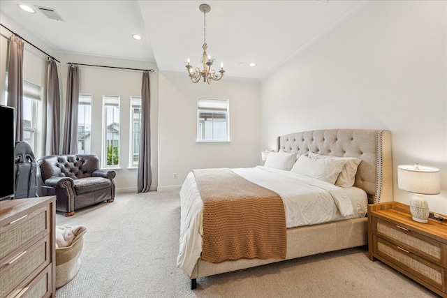 6123 Stillman St, Houston, TX 77007 - bedroom featuring light carpet, a chandelier, baseboards, recessed lighting, and crown molding