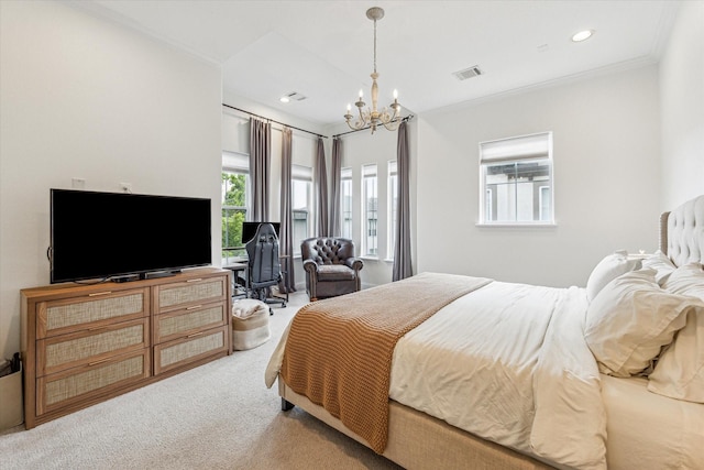 6123 Stillman St, Houston, TX 77007 - bedroom with light carpet, a chandelier, crown molding, and recessed lighting