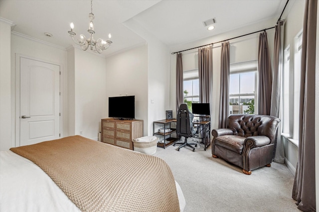 6123 Stillman St, Houston, TX 77007 - carpeted bedroom with a chandelier, ornamental molding, a desk, and recessed lighting