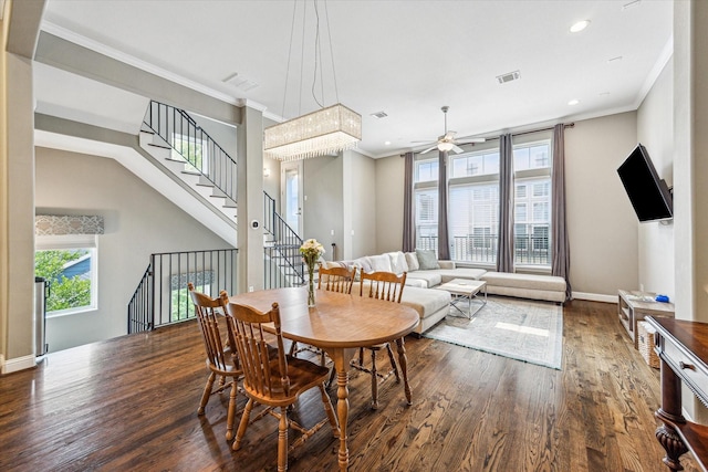 6123 Stillman St, Houston, TX 77007 - dining area featuring wood finished floors, a ceiling fan, crown molding, recessed lighting, and baseboards