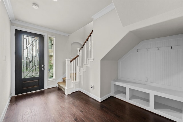 9611 Knights Station Dr, Houston, TX 77045 - foyer with hardwood / wood-style flooring, baseboards, stairway, and crown molding