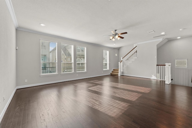 9611 Knights Station Dr, Houston, TX 77045 - unfurnished living room with ornamental molding, hardwood / wood-style flooring, ceiling fan, baseboards, and stairway