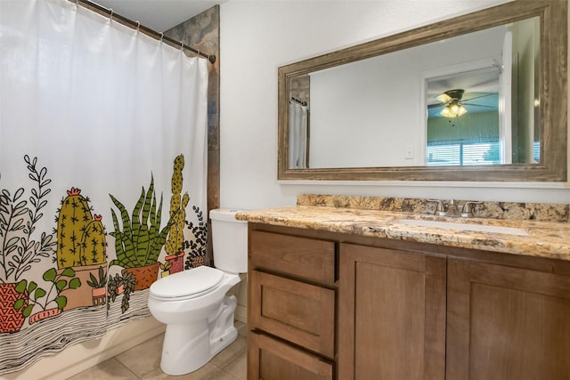 24 Wagon Lane Loop, Angleton, TX 77515 - full bathroom featuring vanity, toilet, tile patterned flooring, a shower with shower curtain, and ceiling fan
