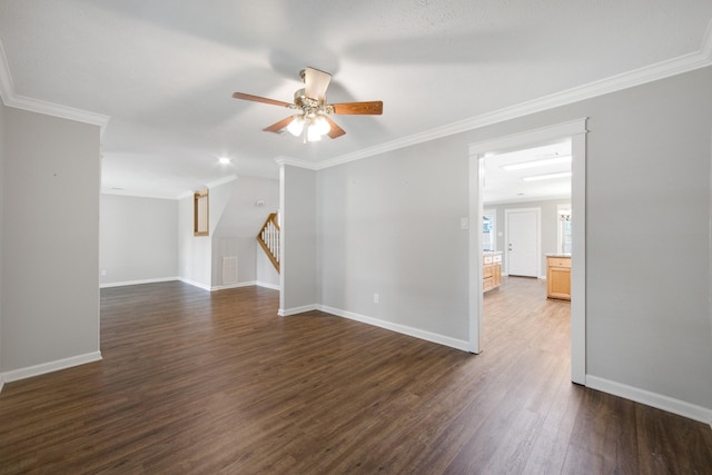 15735 Mesa Gardens Dr, Houston, TX 77095 - spare room with stairs, ceiling fan, dark wood-style floors, ornamental molding, and baseboards