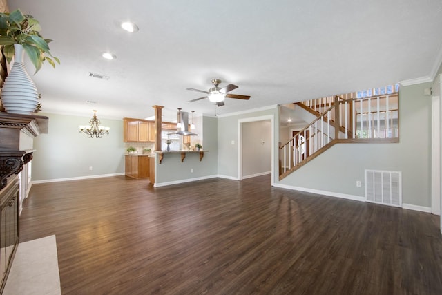 15735 Mesa Gardens Dr, Houston, TX 77095 - unfurnished living room featuring ceiling fan, stairway, recessed lighting, a chandelier, and baseboards