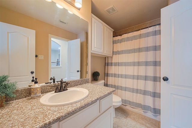 1623 Whitfield St, Sugar Land, TX 77479 - bathroom featuring toilet, vanity, tile patterned flooring, curtained shower, and wallpapered walls