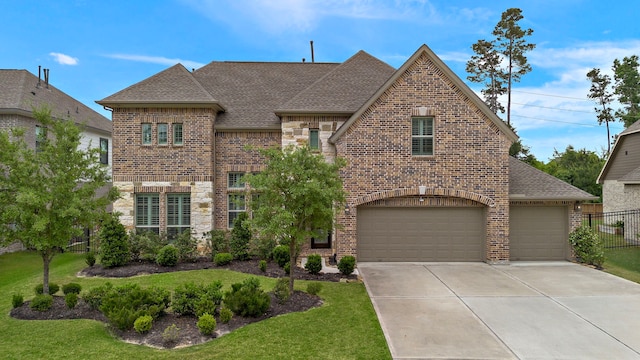 8211 Barristan Bluffs Ct, Magnolia, TX 77354 - french country style house with brick siding, roof with shingles, driveway, and stone siding