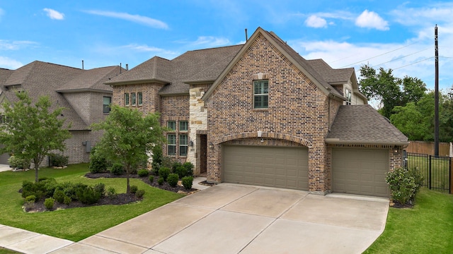 8211 Barristan Bluffs Ct, Magnolia, TX 77354 - french country inspired facade with brick siding, roof with shingles, concrete driveway, and an attached garage