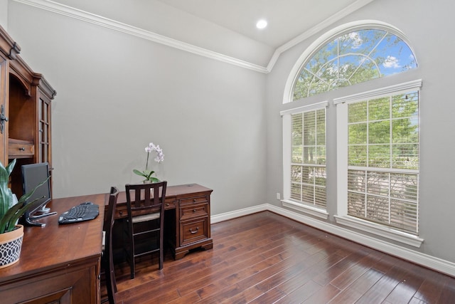 19403 Shady Edge Dr, Cypress, TX 77433 - office area featuring lofted ceiling, dark wood-style floors, ornamental molding, and baseboards