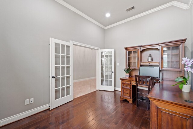 19403 Shady Edge Dr, Cypress, TX 77433 - office area with french doors, ornamental molding, baseboards, wood finished floors, and a high ceiling