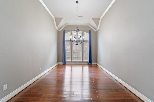 19403 Shady Edge Dr, Cypress, TX 77433 - unfurnished dining area featuring a chandelier, crown molding, dark wood-type flooring, and baseboards