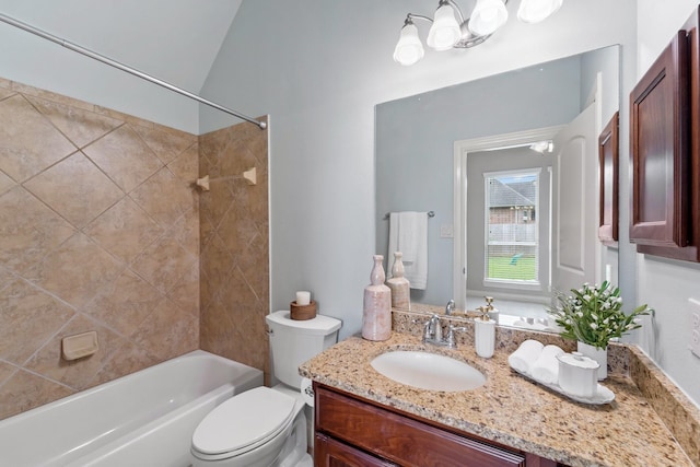 19403 Shady Edge Dr, Cypress, TX 77433 - full bathroom featuring vanity, toilet, shower / bathtub combination, and lofted ceiling