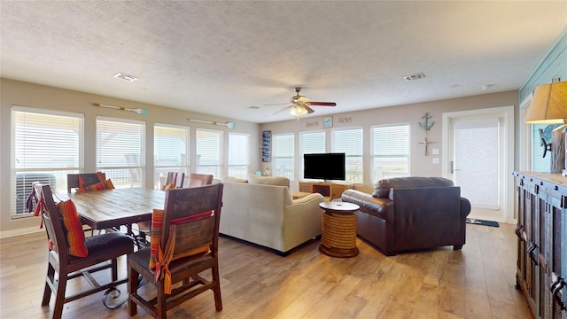 1508 Galveston Ave, Port Bolivar, TX 77650 - dining room with ceiling fan, light wood finished floors, healthy amount of natural light, and a textured ceiling