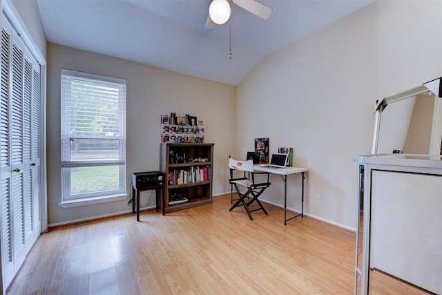 8123 Sweetgum Trace Dr, Houston, TX 77040 - office space featuring light wood-style floors, vaulted ceiling, a ceiling fan, and baseboards