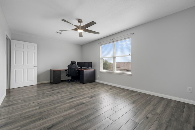 6902 White Ash Ln, Baytown, TX 77521 - unfurnished office featuring wood finished floors, a ceiling fan, and baseboards