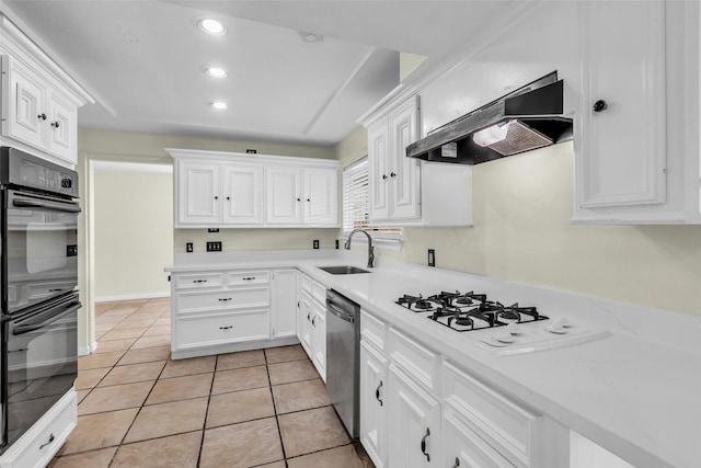 15830 Pipers View Dr, Houston, TX 77598 - kitchen featuring under cabinet range hood, a sink, dishwasher, white cabinetry, and recessed lighting