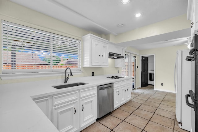 15830 Pipers View Dr, Houston, TX 77598 - kitchen featuring white appliances, a sink, white cabinets, light countertops, and under cabinet range hood