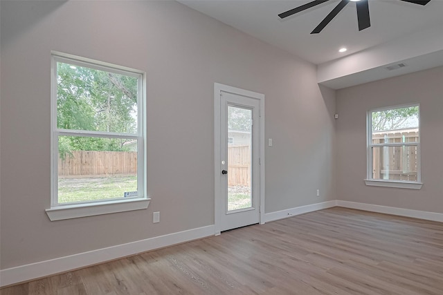 7911 Carver Rd, Houston, TX 77088 - empty room with light wood-style flooring, baseboards, a ceiling fan, and recessed lighting