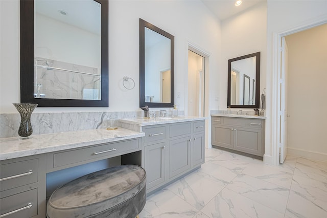 1205 Timbergrove Acres St, Houston, TX 77008 - bathroom featuring a marble finish shower, two vanities, and marble finish flooring