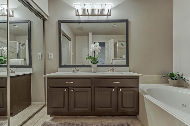 94 S Magnolia Pond Pl, The Woodlands, TX 77381 - full bathroom with double vanity, a tub with jets, tile patterned flooring, and a stall shower