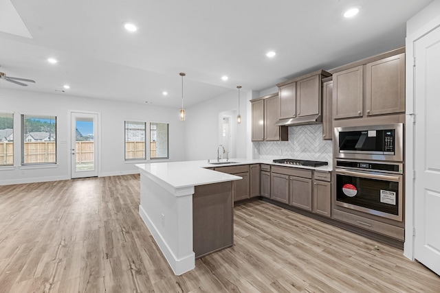 19209 Olive Heath Ln, Magnolia, TX 77355 - kitchen featuring appliances with stainless steel finishes, a peninsula, decorative backsplash, under cabinet range hood, and light wood-style flooring