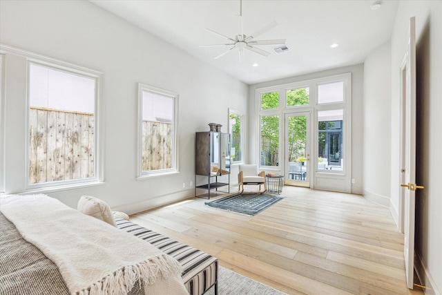 2013 Persa St, Houston, TX 77019 - bedroom with hardwood / wood-style floors, access to exterior, baseboards, recessed lighting, and ceiling fan