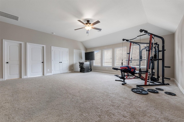 15002 House Martin Ln, Cypress, TX 77429 - workout area with ceiling fan, vaulted ceiling, and carpet flooring