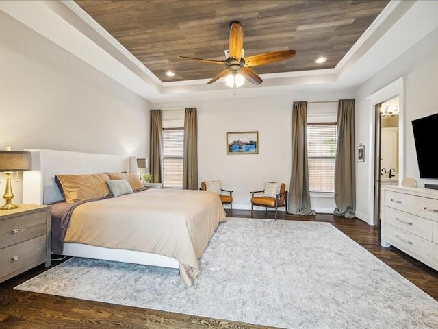 1200 W 24th St, Houston, TX 77008 - bedroom with a raised ceiling, wooden ceiling, multiple windows, dark wood finished floors, and crown molding
