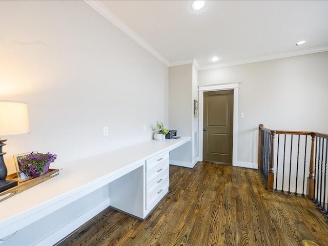 1200 W 24th St, Houston, TX 77008 - unfurnished office with built in desk, dark wood-style flooring, ornamental molding, and recessed lighting