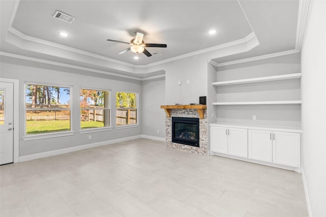 116 Augusta Dr, Huntsville, TX 77340 - unfurnished living room with a ceiling fan, a glass covered fireplace, crown molding, recessed lighting, and baseboards