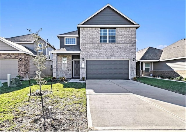 23523 Montague Dr, Spring, TX 77373 - traditional-style home featuring brick siding, a garage, a front lawn, and concrete driveway