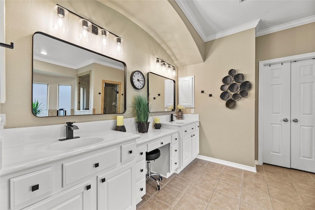 3707 Doyle Ct, Missouri City, TX 77459 - bathroom with double vanity, crown molding, tile patterned flooring, and baseboards