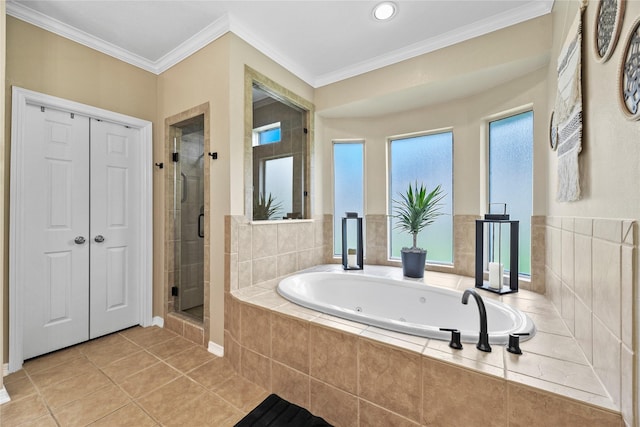 3707 Doyle Ct, Missouri City, TX 77459 - bathroom with a stall shower, a tub with jets, ornamental molding, and tile patterned flooring